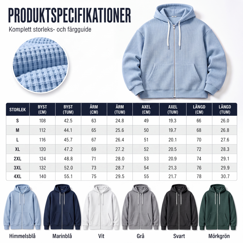 Bästsäljare🔥 🧥 Våffelstickad hoodie med hel dragkedja – oversize-passform för urban streetwear