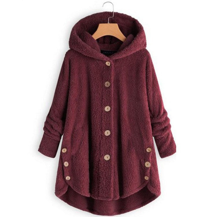 🔥 50% RABATT! Damvinterkjacka i enfärgad asymmetrisk design med knappar och mjuk, plyschig fleece