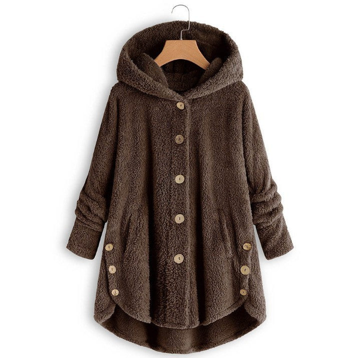 🔥 50% RABATT! Damvinterkjacka i enfärgad asymmetrisk design med knappar och mjuk, plyschig fleece