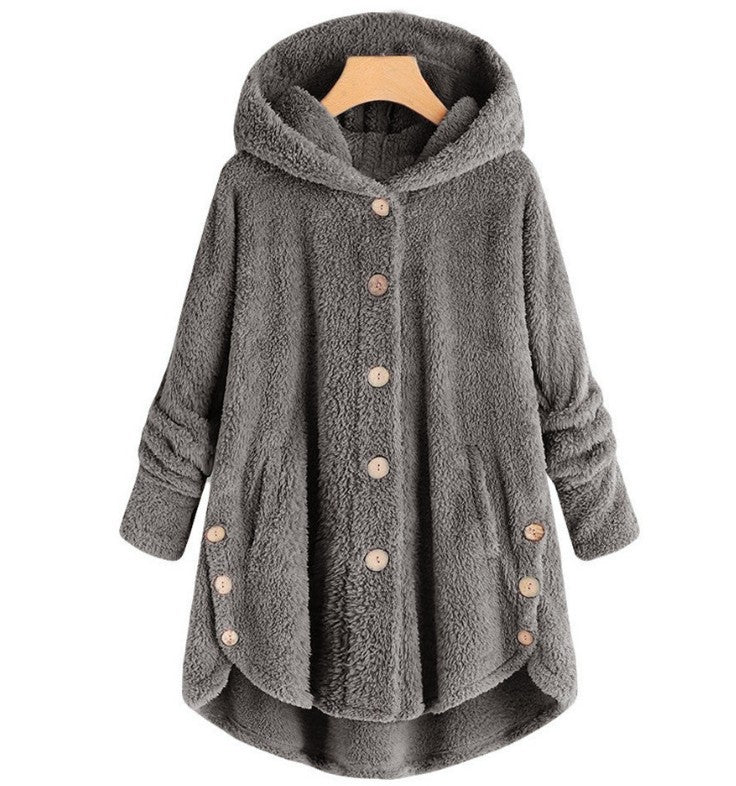 🔥 50% RABATT! Damvinterkjacka i enfärgad asymmetrisk design med knappar och mjuk, plyschig fleece