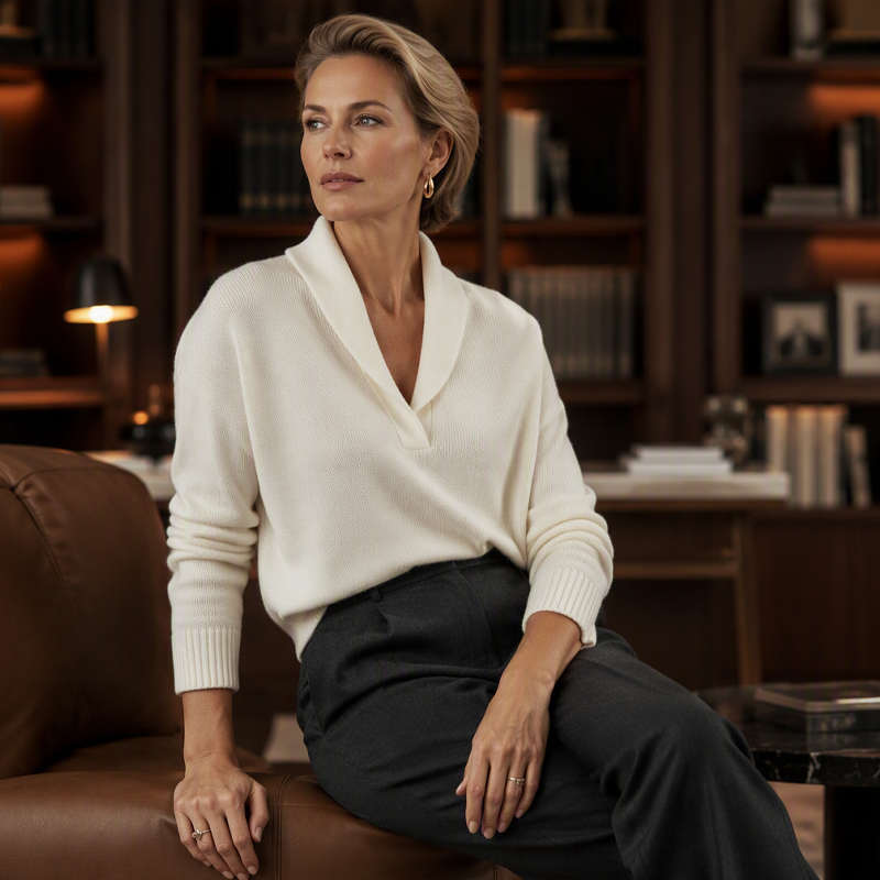 Elegant Damtröja med Sjalkrage – Mjuk och Bekväm Stickad Pullover för Vardagen
