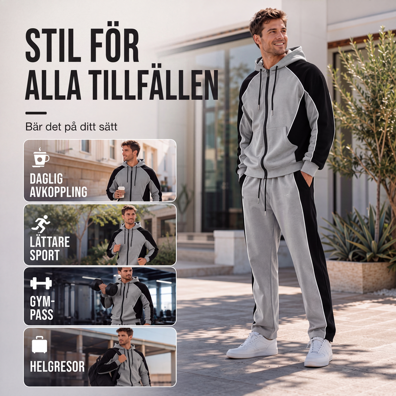 Herrset med huvtröja med dragkedja och färgblock samt träningsbyxor