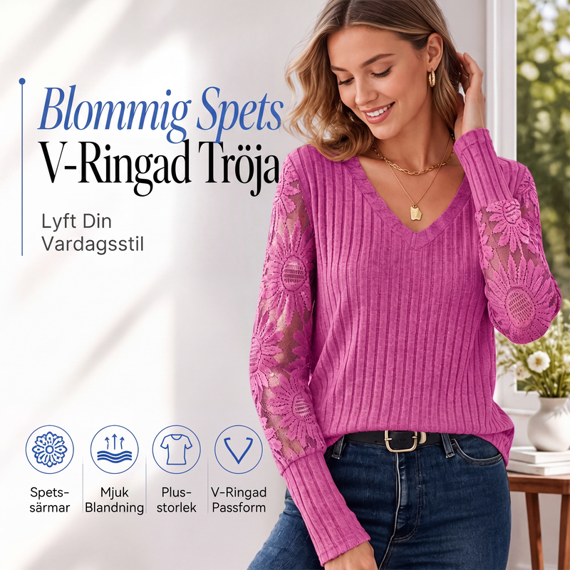 Damtopp med borstad ribbstickning, långa ärmar och spetsapplikationer