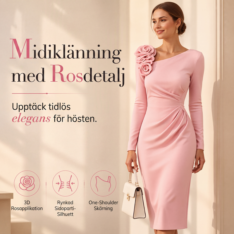 Midiklänning för kvinnor med rysch och 3D-rosettdetaljer