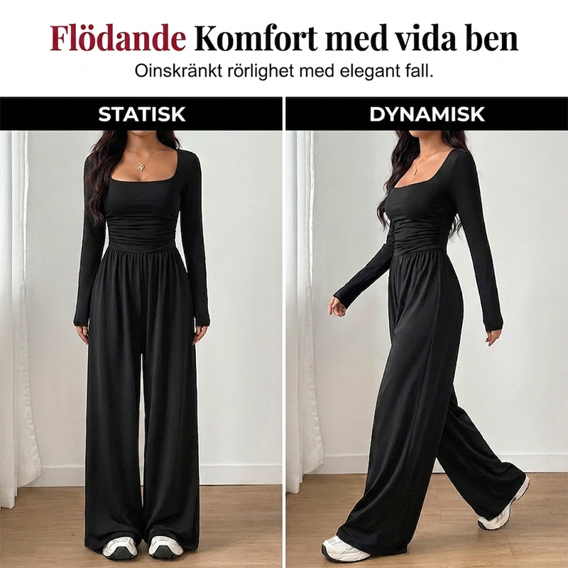 Damledig fyrkantig halsringning vida ben jumpsuit