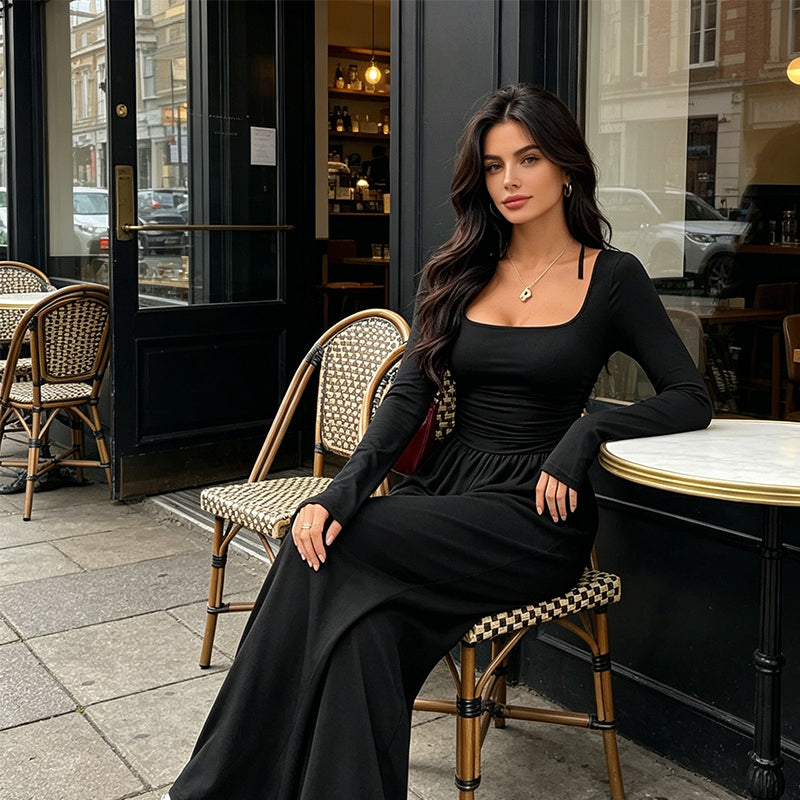 Damledig fyrkantig halsringning vida ben jumpsuit