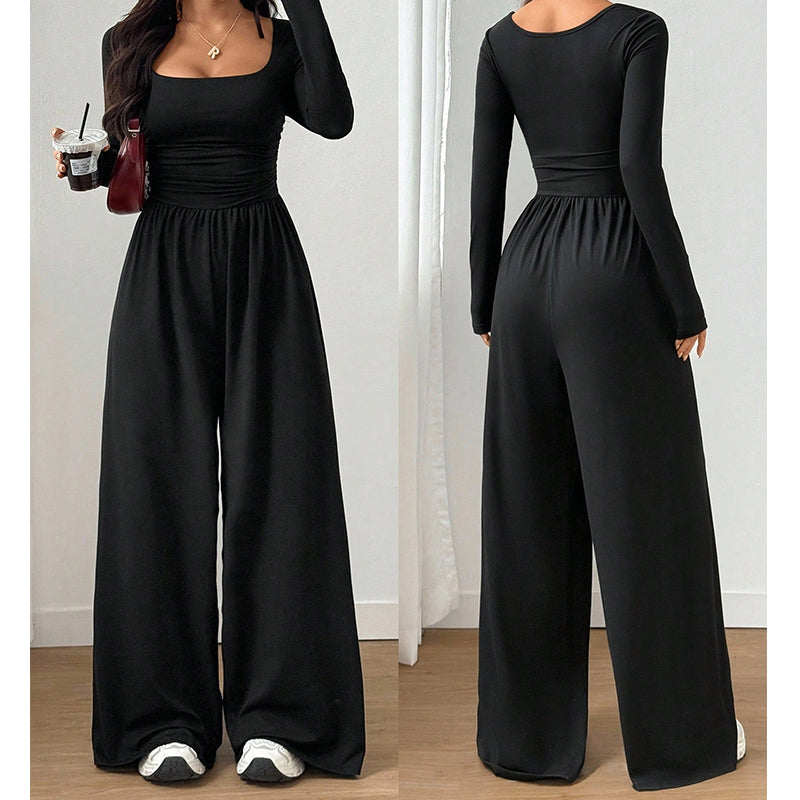 Damledig fyrkantig halsringning vida ben jumpsuit