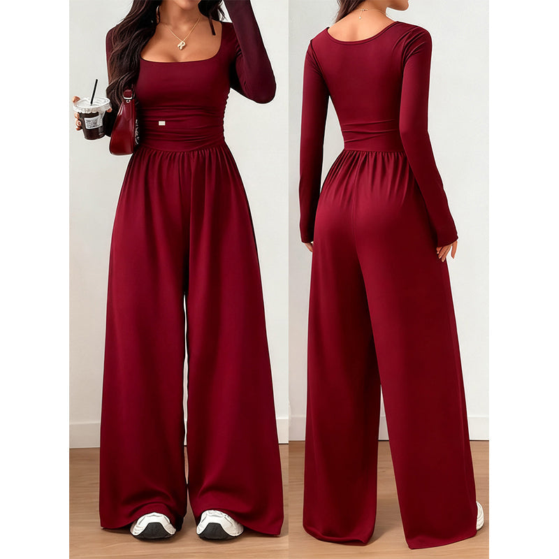 Damledig fyrkantig halsringning vida ben jumpsuit
