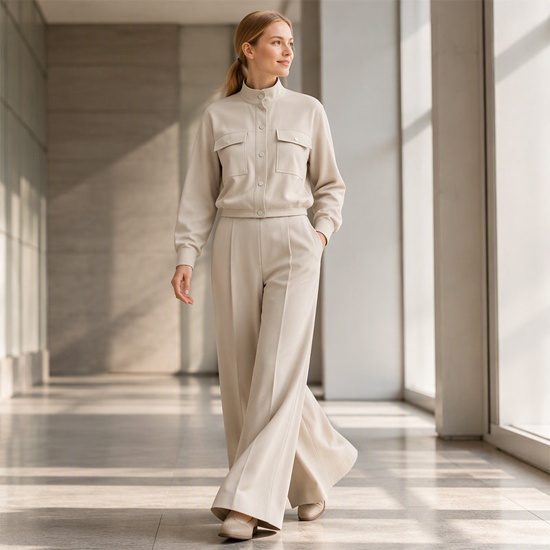 Stilfull jacka och vida byxor för kvinnor, 2-delat set