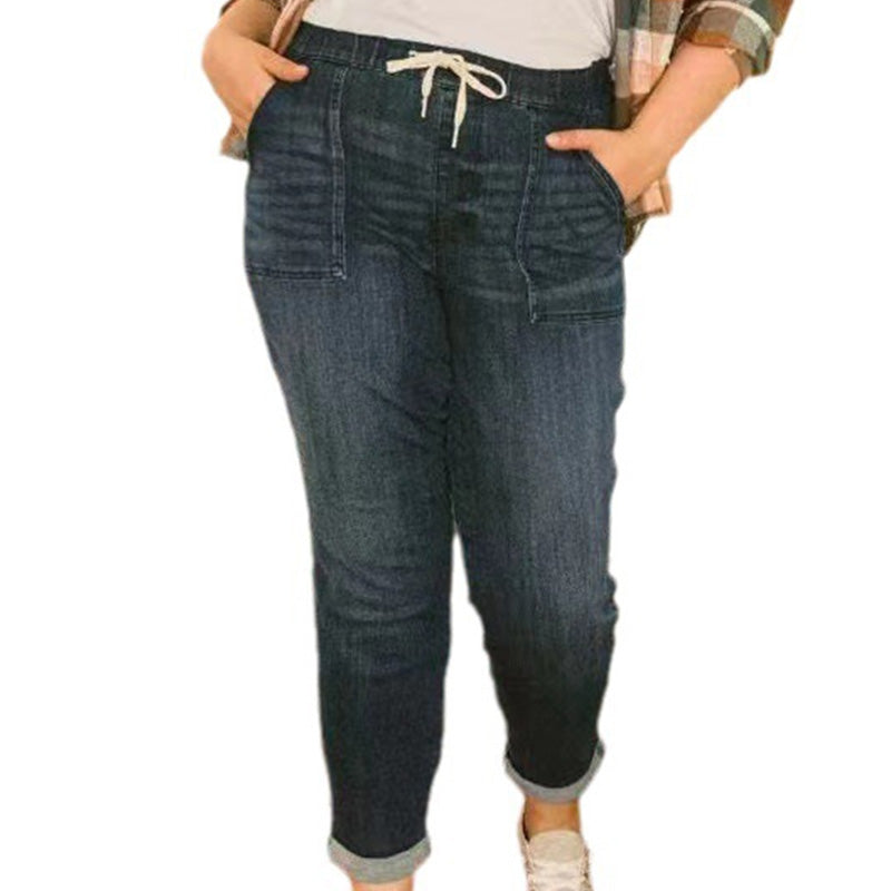 👖✨ Avslappnade denimbyxor med dragsko och mudd