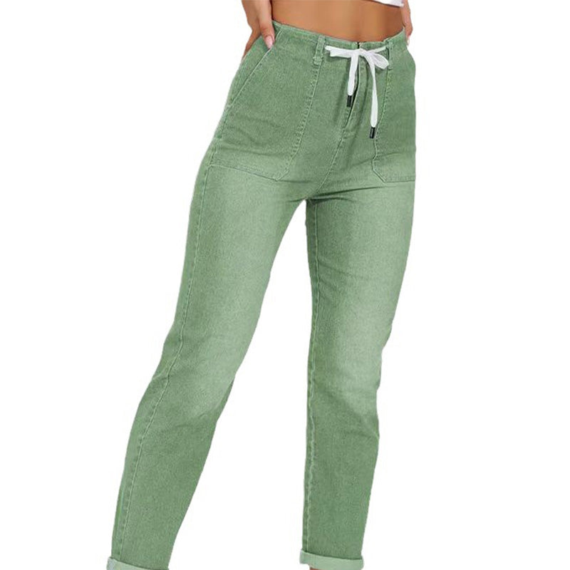 👖✨ Avslappnade denimbyxor med dragsko och mudd