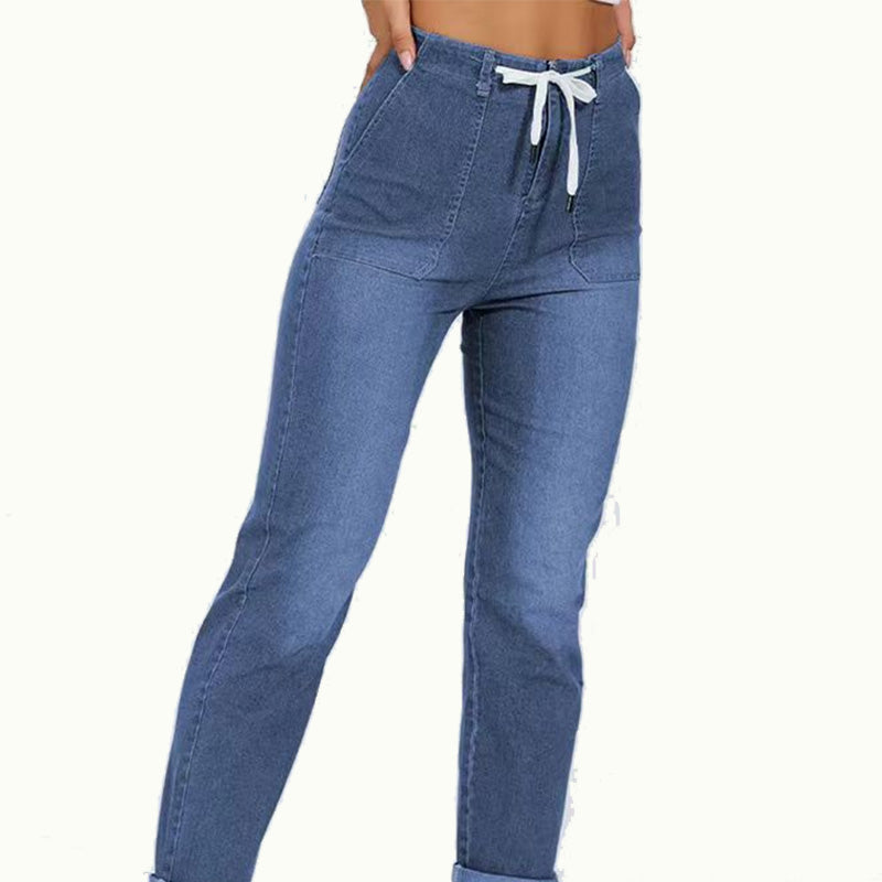 👖✨ Avslappnade denimbyxor med dragsko och mudd