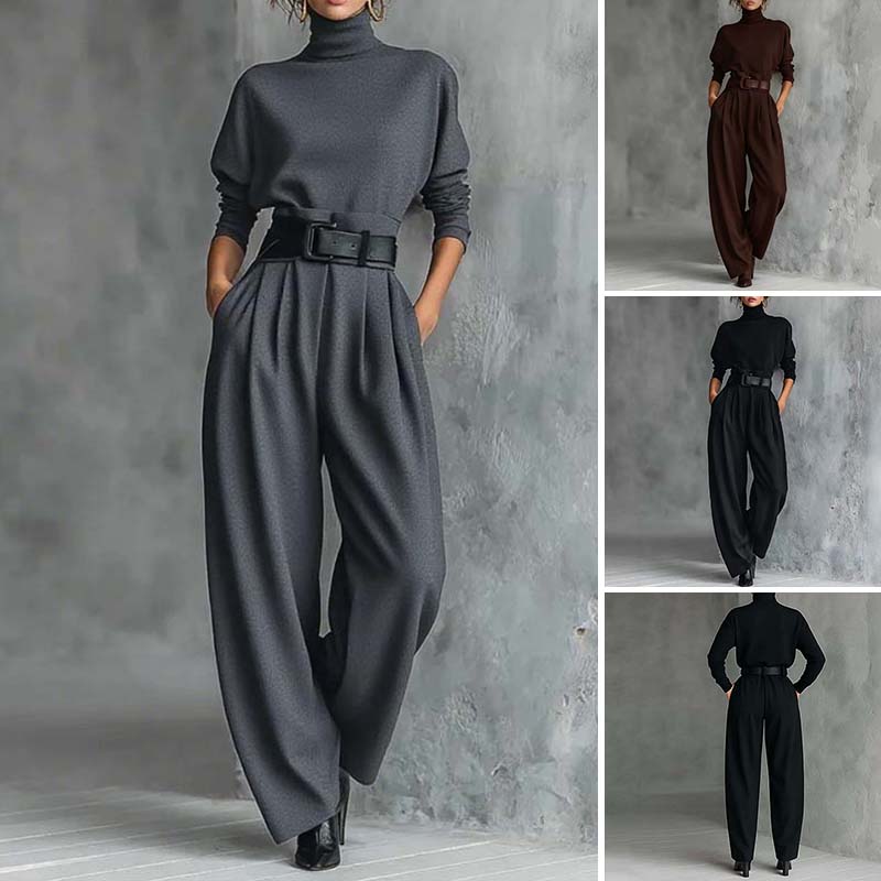 Eleganta set för kvinnor: Topp med hög krage & byxor med hög midja