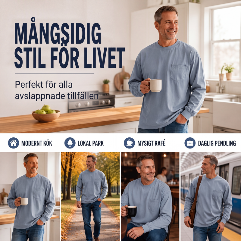 Nya ankomster📦|Herr Långärmad T-shirt med Lös Passform – Mjuk Casual Tröja för Vardag & Höst