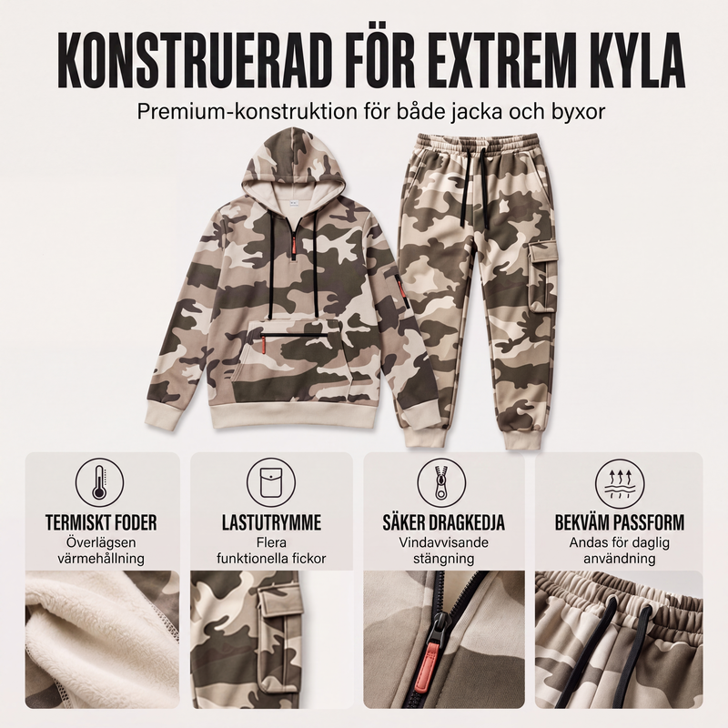 Klädset för män: varm huvtröja och byxor i kamouflage