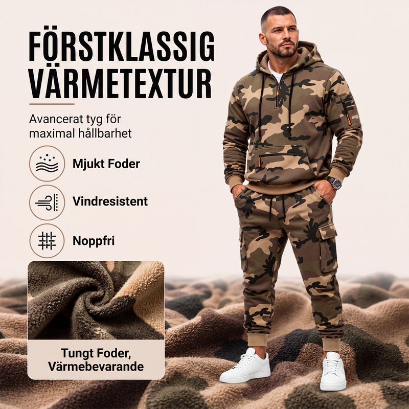 Klädset för män: varm huvtröja och byxor i kamouflage