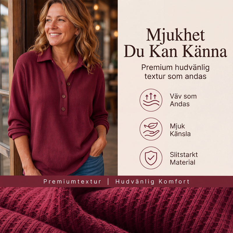 📢📢50 % rabatt!!!🎉✨Långärmad Henley-tröja i våffelstickad tröja för damer