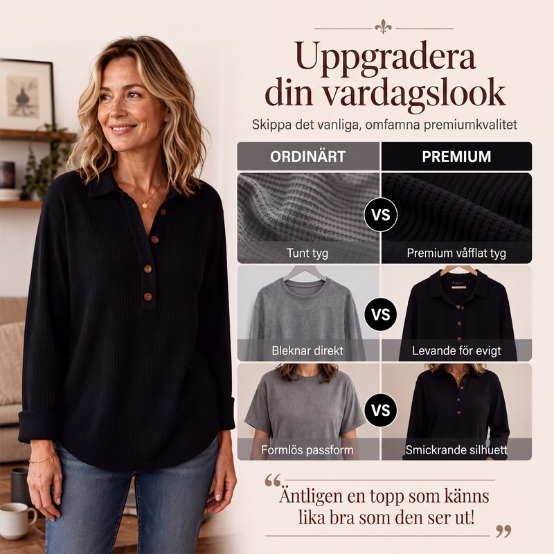 📢📢50 % rabatt!!!🎉✨Långärmad Henley-tröja i våffelstickad tröja för damer