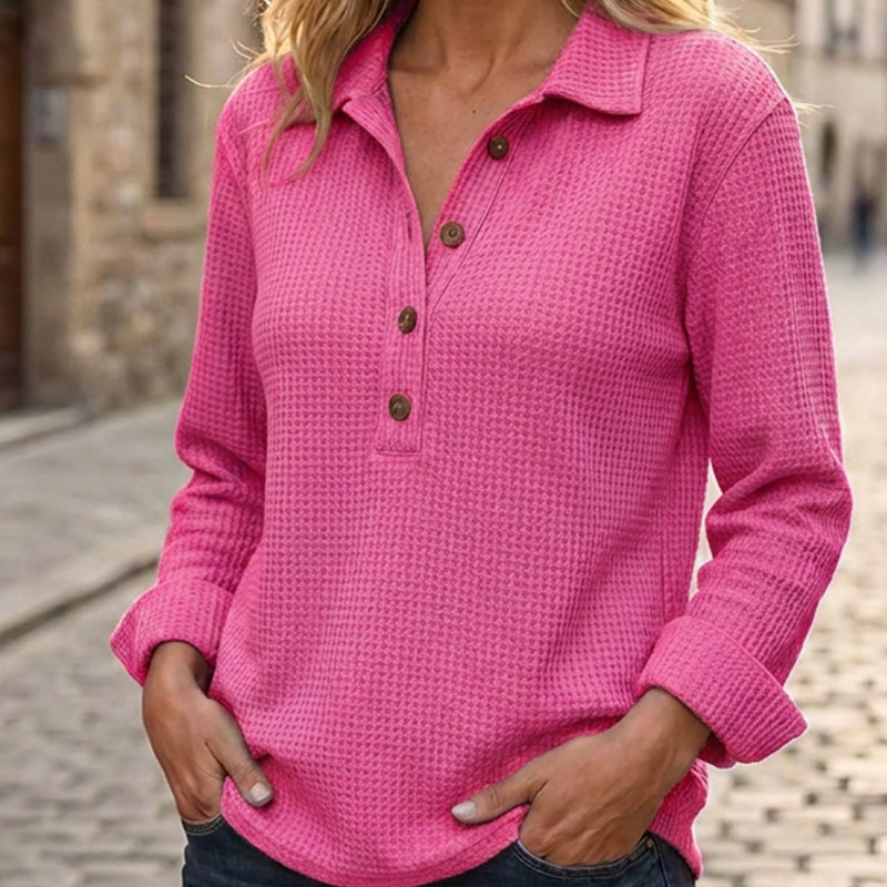 📢📢50 % rabatt!!!🎉✨Långärmad Henley-tröja i våffelstickad tröja för damer