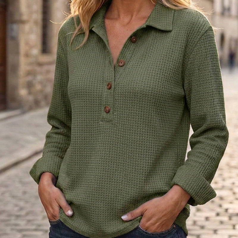📢📢50 % rabatt!!!🎉✨Långärmad Henley-tröja i våffelstickad tröja för damer