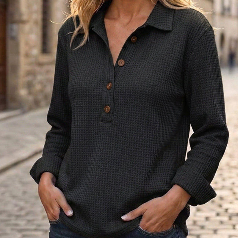 📢📢50 % rabatt!!!🎉✨Långärmad Henley-tröja i våffelstickad tröja för damer