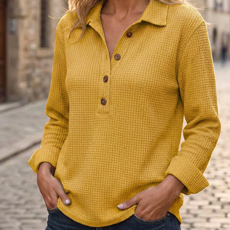📢📢50 % rabatt!!!🎉✨Långärmad Henley-tröja i våffelstickad tröja för damer