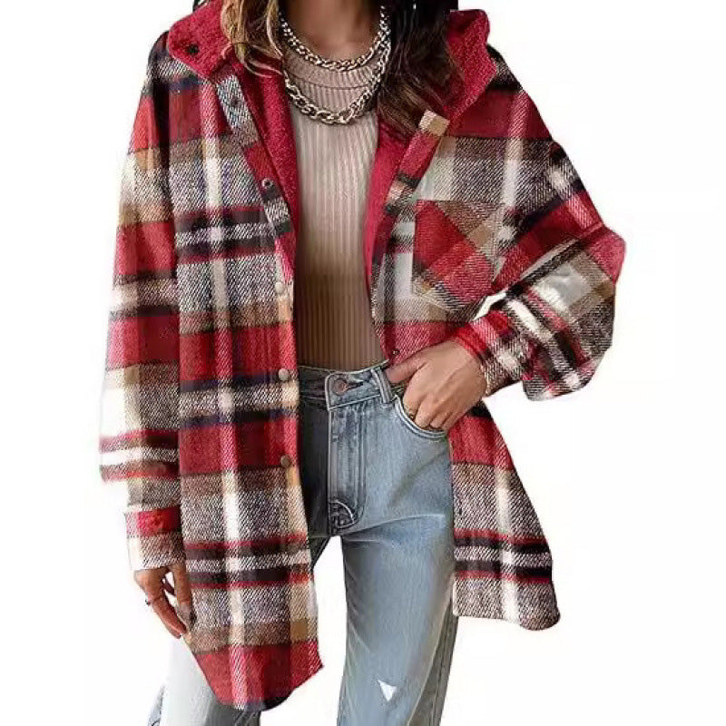 🔥50 % rabatt🔥⏰Klassisk, mysig rutig damjacka med huva🧥