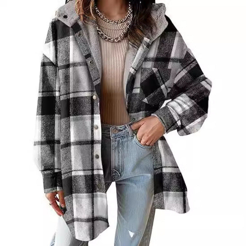 🔥50 % rabatt🔥⏰Klassisk, mysig rutig damjacka med huva🧥