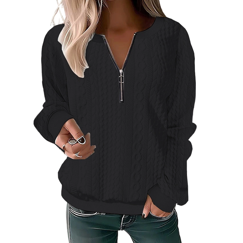 Kvinnors sweatshirt i kabelstickad design med halv dragkedja