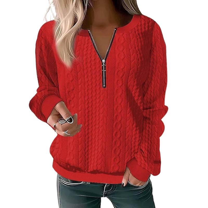 Kvinnors sweatshirt i kabelstickad design med halv dragkedja