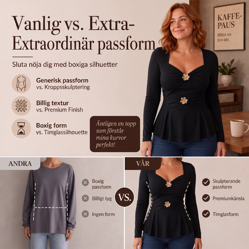 Damtopp med V-ringning och peplum med blommotiv