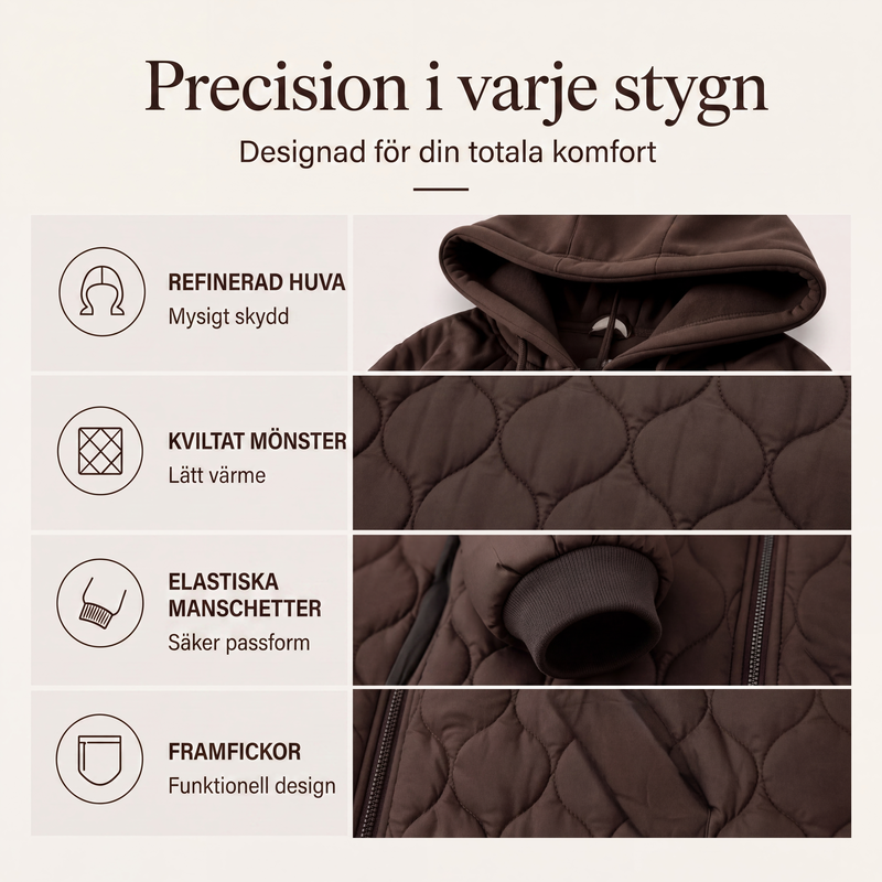 Kvinnors quiltad jacka med huva och skarvade detaljer