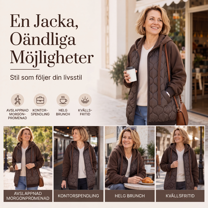 Kvinnors quiltad jacka med huva och skarvade detaljer