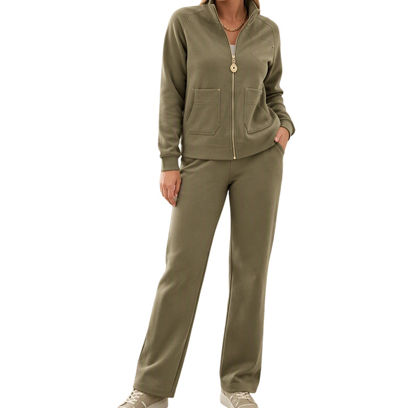 Kvinnors tvådelad träningsdräkt i kraftig bomullsblandning med dragkedja och vida byxor