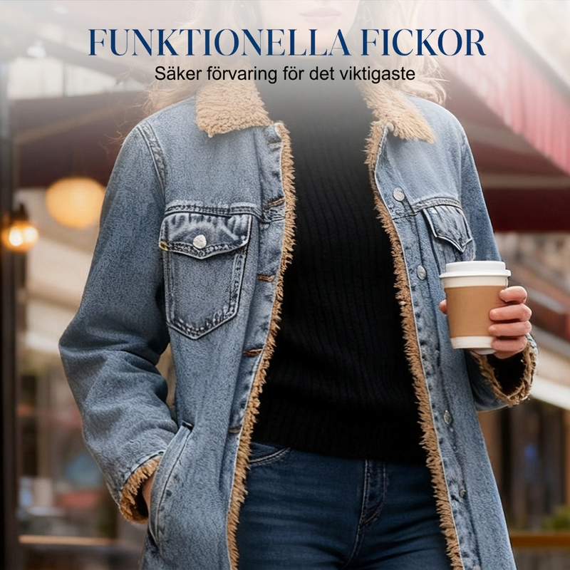 🍂Nya höstnyheter|Lång Varm Jeansjacka Dam – Fodrad Denimkappa med Mjuk Teddyfoder för Höst & Vinter
