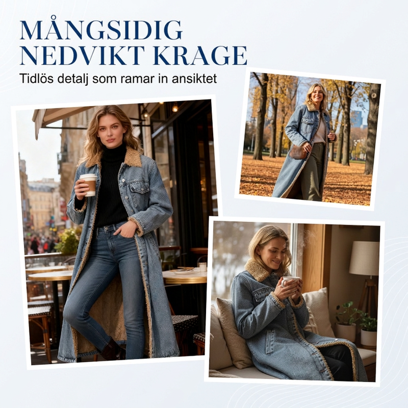 🍂Nya höstnyheter|Lång Varm Jeansjacka Dam – Fodrad Denimkappa med Mjuk Teddyfoder för Höst & Vinter