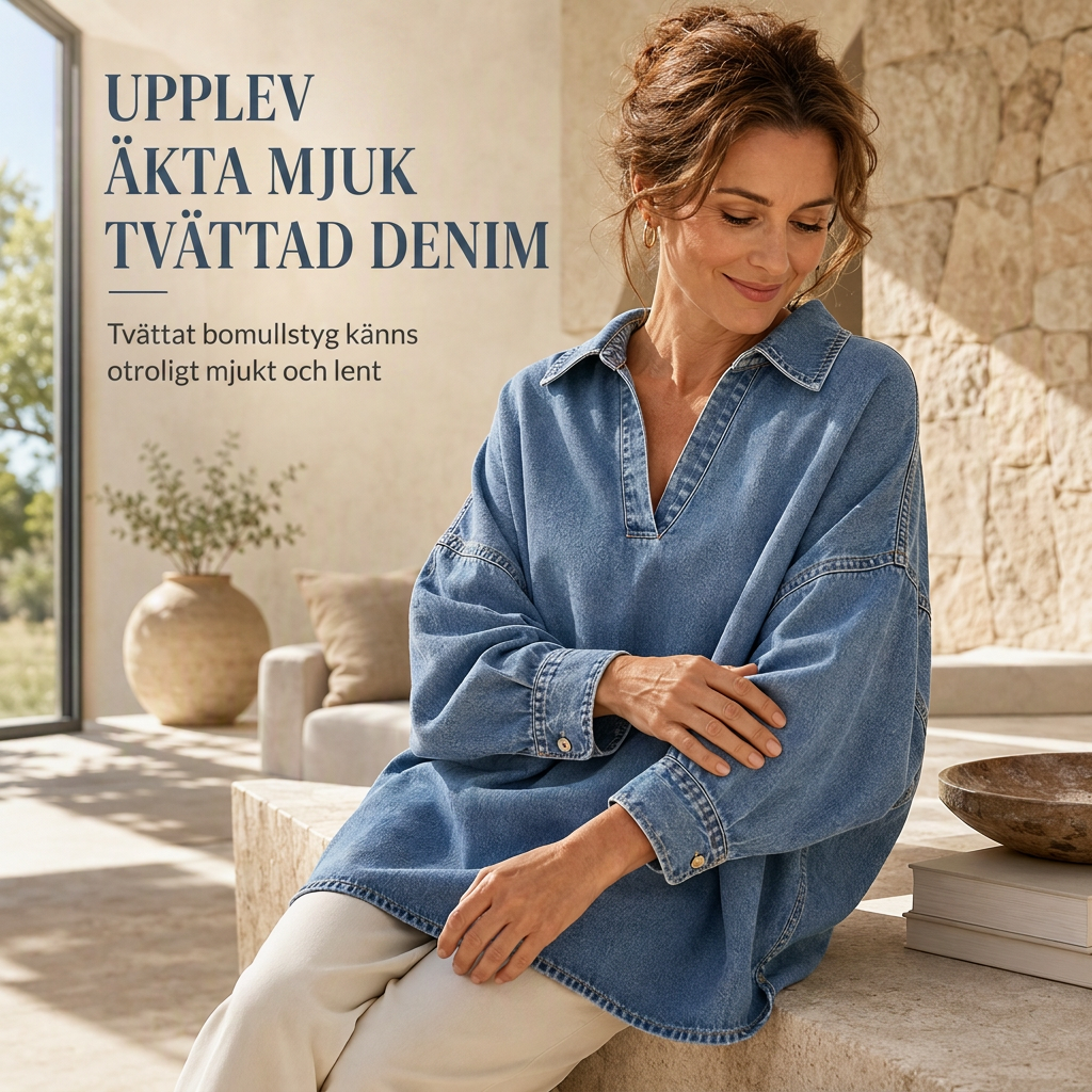 📢📢50 % rabatt!!!🎉✨Oversized Denimtröja Dam – Mjuk V-ringad Jeansskjorta med Fladderärm & Avslappnad Passform