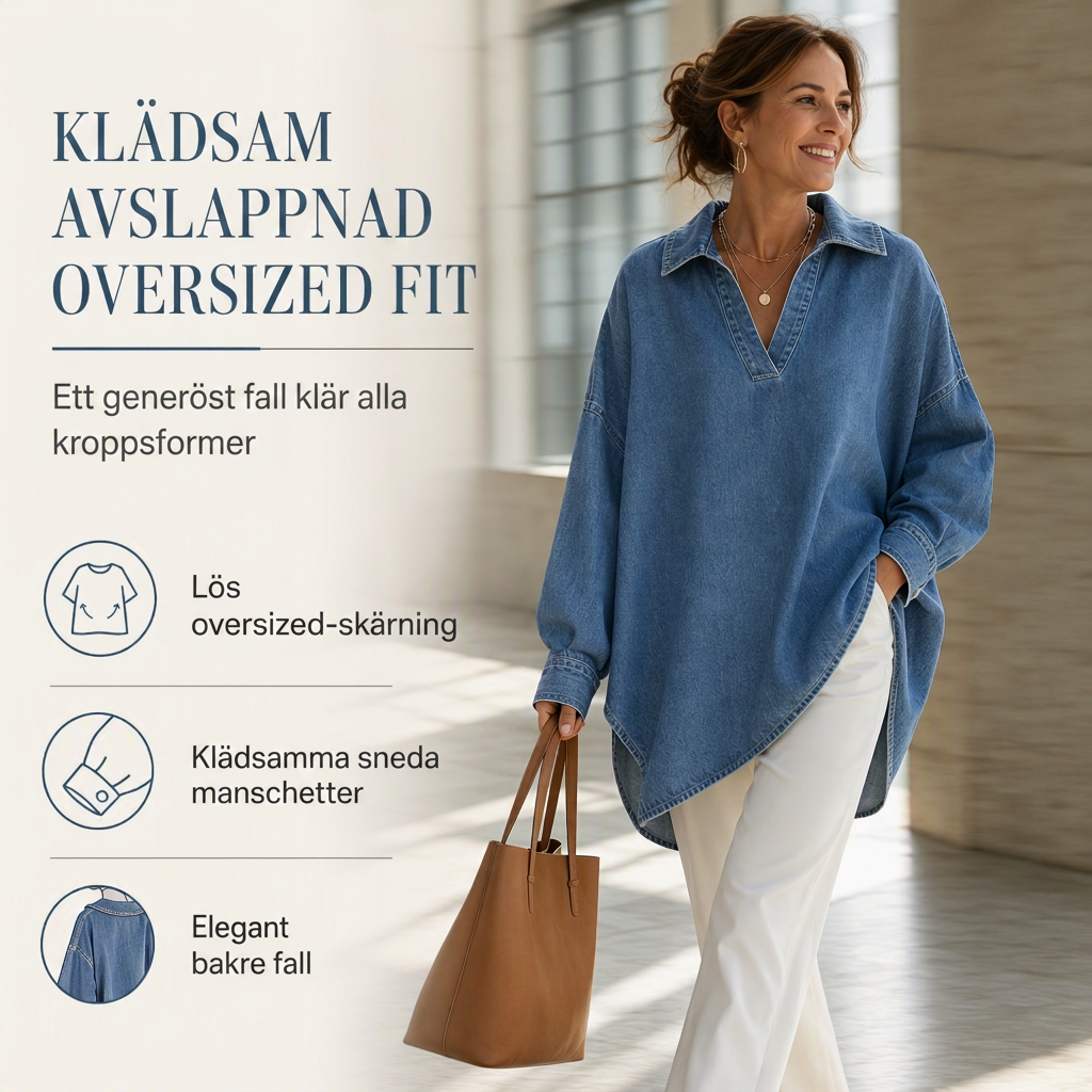 📢📢50 % rabatt!!!🎉✨Oversized Denimtröja Dam – Mjuk V-ringad Jeansskjorta med Fladderärm & Avslappnad Passform