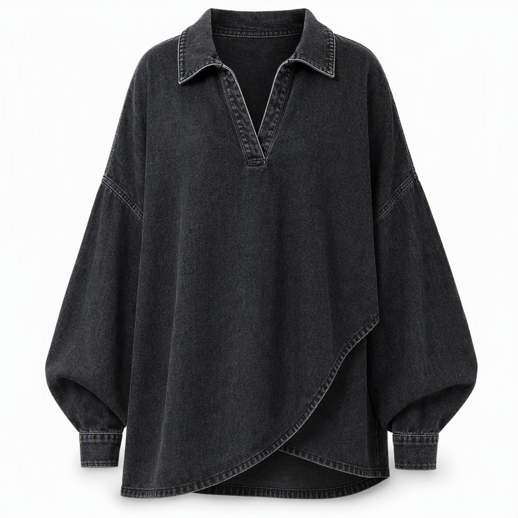 📢📢50 % rabatt!!!🎉✨Oversized Denimtröja Dam – Mjuk V-ringad Jeansskjorta med Fladderärm & Avslappnad Passform