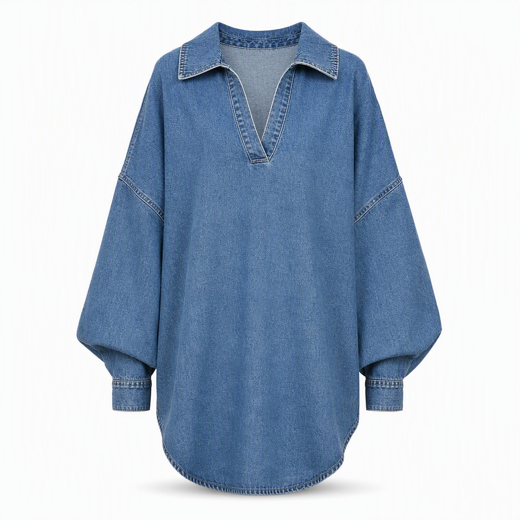 📢📢50 % rabatt!!!🎉✨Oversized Denimtröja Dam – Mjuk V-ringad Jeansskjorta med Fladderärm & Avslappnad Passform