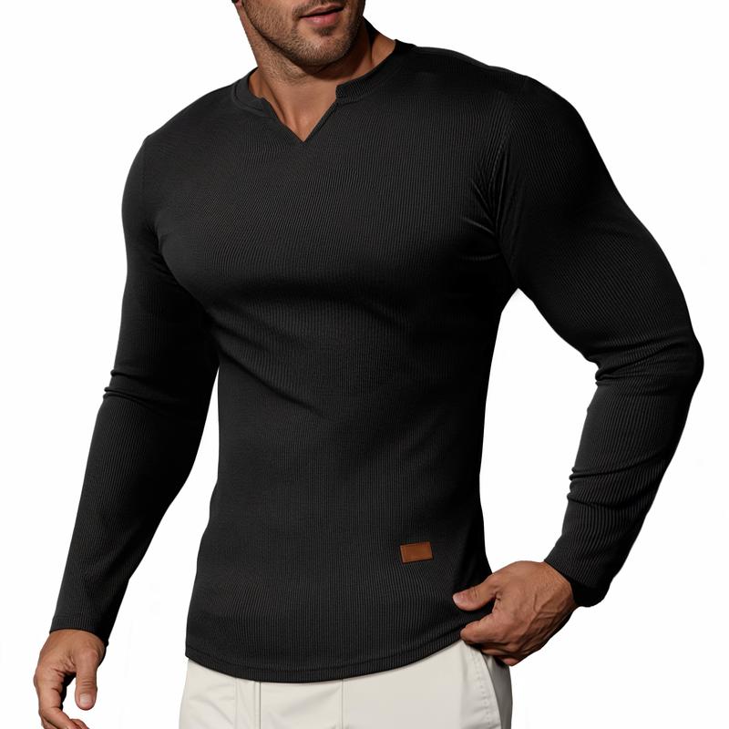 V-ringad långärmad T-shirt i ribbat tyg för träning, fitness och sport