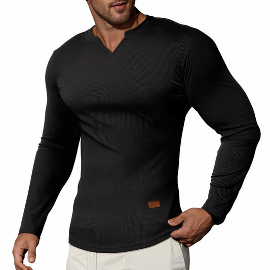 V-ringad långärmad T-shirt i ribbat tyg för träning, fitness och sport