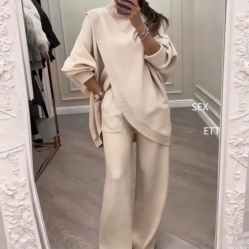 🔥 50 % RABATT! NYHET! Kvinnligt 2-delat set – asymmetrisk tröja + vida byxor, lös passform och mjukt tyg, extremt bekvämt 👚✨
