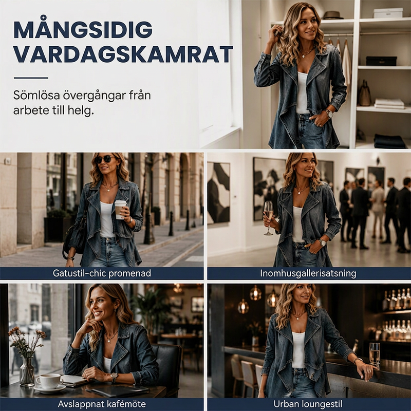 Kvinnlig jeansjacka med öppen fram, trenchcoat-modell
