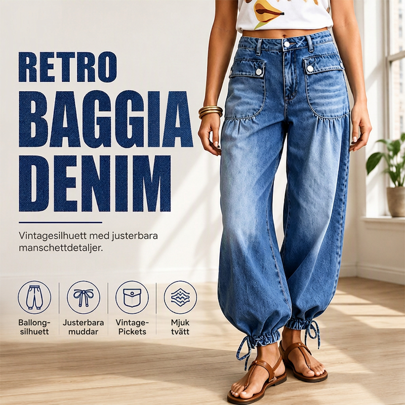 Damjeans med hög midja, ballongmodell och dragsko i ärmsluten