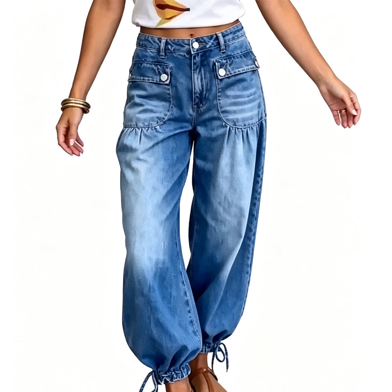 Damjeans med hög midja, ballongmodell och dragsko i ärmsluten