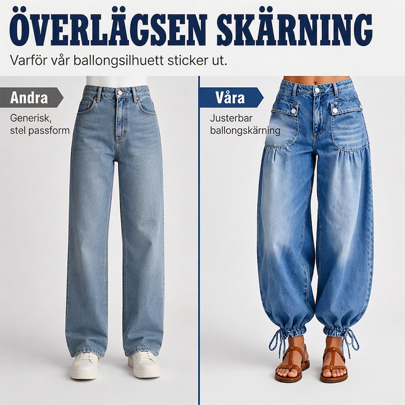 Damjeans med hög midja, ballongmodell och dragsko i ärmsluten
