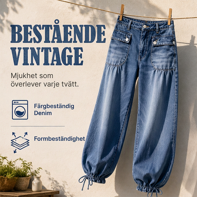 Damjeans med hög midja, ballongmodell och dragsko i ärmsluten