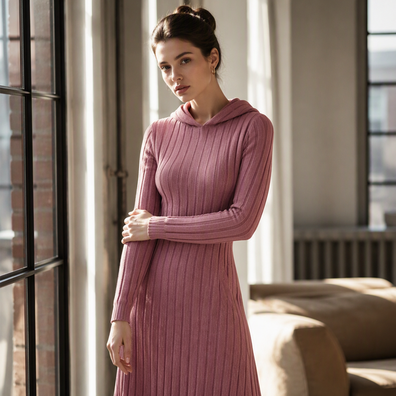 👗 50 % rabatt | Ger en optiskt längre silhuett och skön komfort – hoodieklänning i ribbstickat