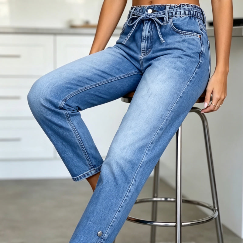 Höjelastiska jeans med dragsko för kvinnor